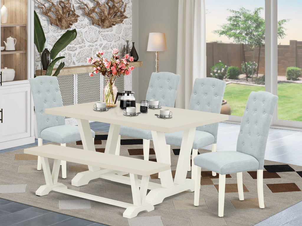 East West Furniture V026CE215-6 6-Pc Dining Room Set- 4 Padded Parson Chairs with Baby Blue Linen Fabric Seat and Button Tufted Chair Back - Rectangular Top & Wooden Legs Dining Room Table and Kitchen Bench - Linen White Finish