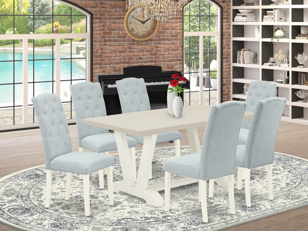 East West Furniture V026CE215-7 7-Piece Dining Table Set- 6 Kitchen Chairs with Baby Blue Linen Fabric Seat and Button Tufted Chair Back - Rectangular Table Top & Wooden Legs - Linen White and Linen White Finish