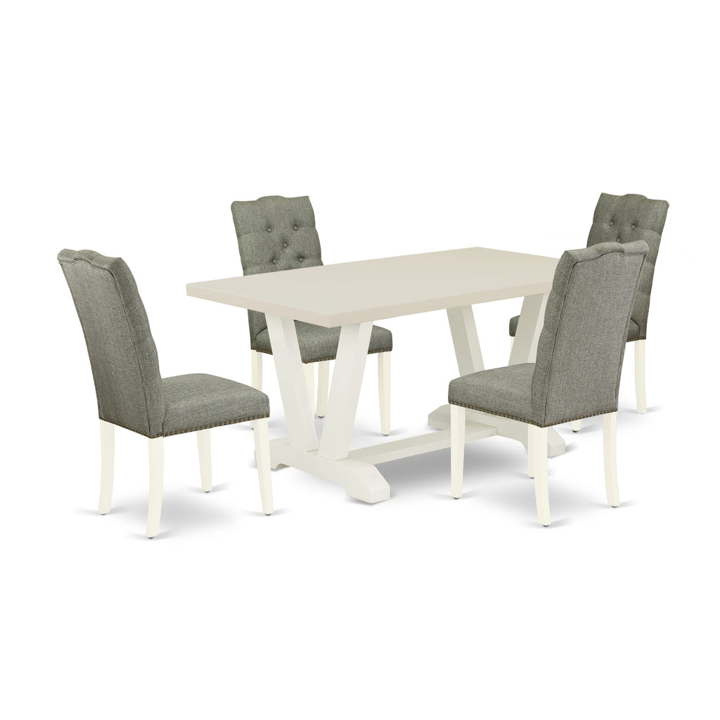East West Furniture V026EL207-5 5-Piece Dining room Table Set Included 4 Parson Dining chairs Upholstered Seat and High Button Tufted Chair Back and Rectangular Dining Table with Linen White Table Top - Linen White Finish