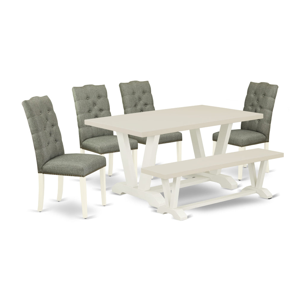 East West Furniture V026EL207-6 6-Pc Dinette Table Set-Smoke Color Linen Fabric Seat and Button Tufted Chair Back Parson Dining chairs, A Rectangular Bench and Rectangular Top Dining room Table with Solid Wood Legs - Linen White and Linen White Finish