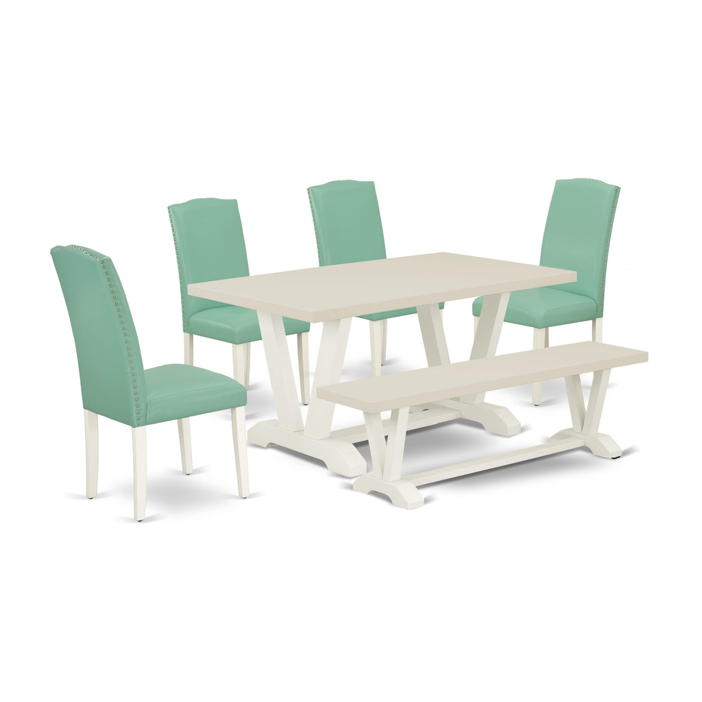 V026EN257-6 6Pc Dining Room Set - 36x60" Rectangular Table, 4 Parson Dining Chairs and a Bench - Wirebrushed Linen White Color