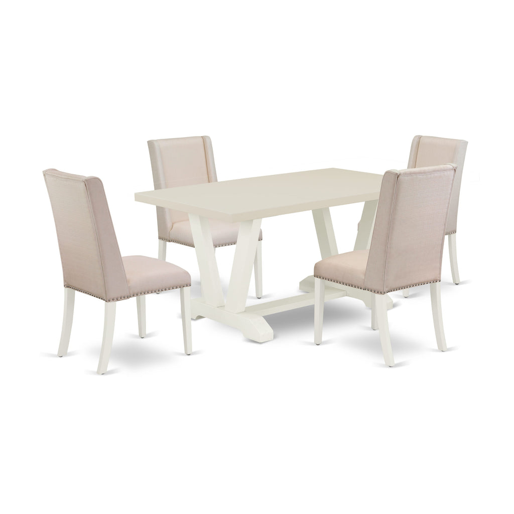 East West Furniture V026FL201-5 5-Piece Modern Dining Table Set Included 4 Kitchen Dining chairs Upholstered Nails Head Seat and Stylish Chair Back and Rectangular Table with Linen White Table Top - Linen White Finish