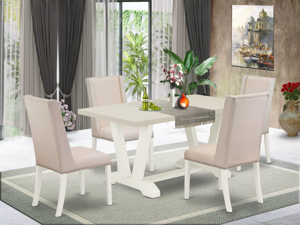 East West Furniture V026FL201-5 5-Piece Modern Dining Table Set Included 4 Kitchen Dining chairs Upholstered Nails Head Seat and Stylish Chair Back and Rectangular Table with Linen White Table Top - Linen White Finish