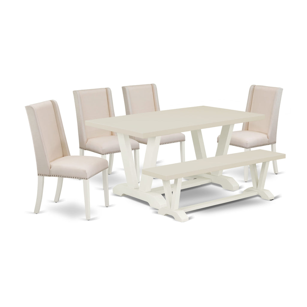East West Furniture V026FL201-6 6-Piece Dinette Set-Cream Color Linen Fabric Seat and High Stylish Chair Back Kitchen chairs, a Rectangular Bench and Rectangular Top Kitchen Table with Solid Wood Legs - Linen White and Linen White Finish