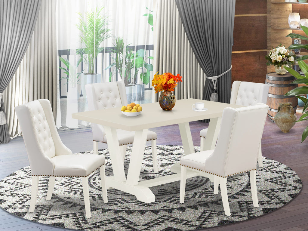East West Furniture V026FO244-5 5-Piece Dining Table Set Consists of 4 White Pu Leather Kitchen Chair Button Tufted with Nailheads and Modern Dining Table - Linen White Finish