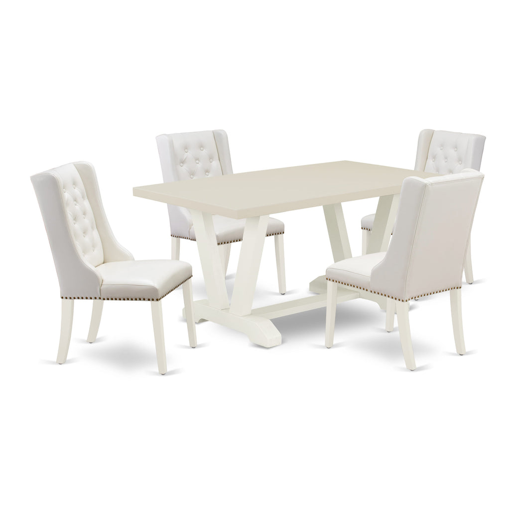 East West Furniture V026FO244-5 5-Piece Dining Table Set Consists of 4 White Pu Leather Kitchen Chair Button Tufted with Nailheads and Modern Dining Table - Linen White Finish