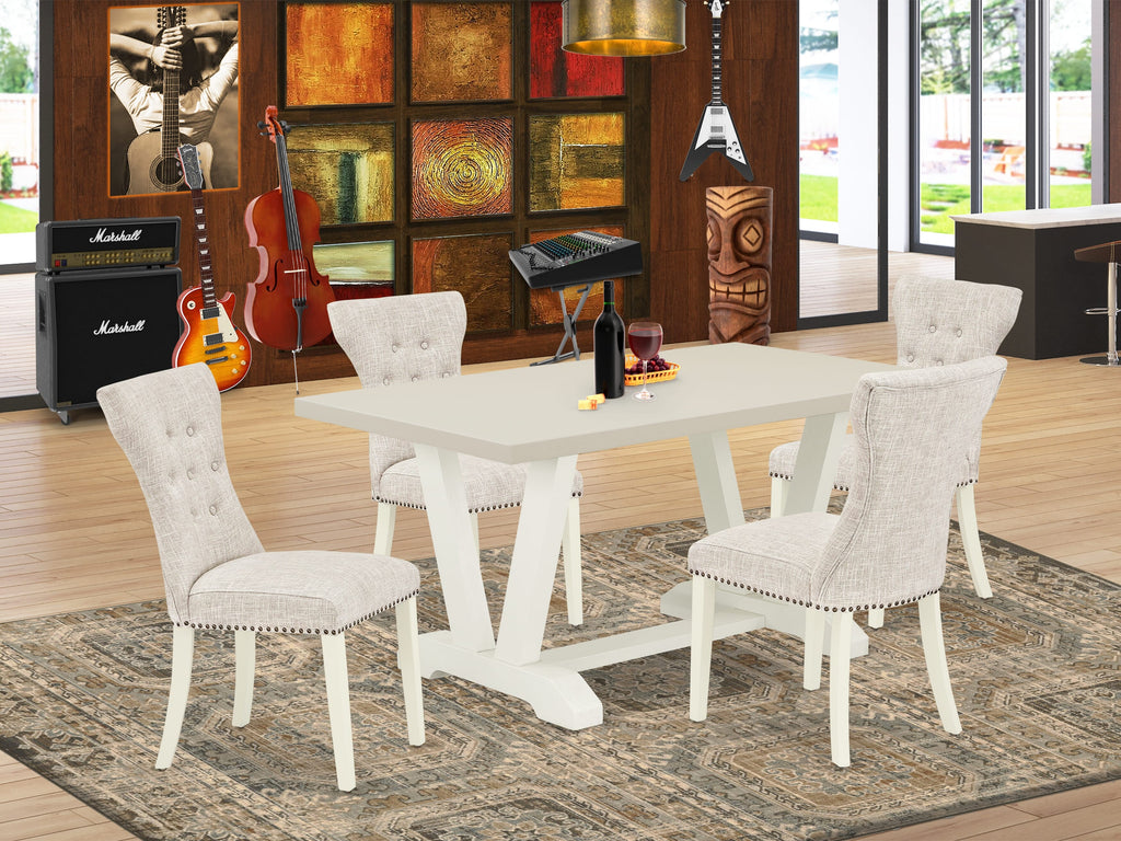 East West Furniture V026GA235-5 5-Pc  Included 4 kitchen parson chairs Upholstered Nails Head Seat and High Button Tufted Chair Back and Rectangular Dining Table with Linen White Kitchen Dining Table Top - Linen White Finish