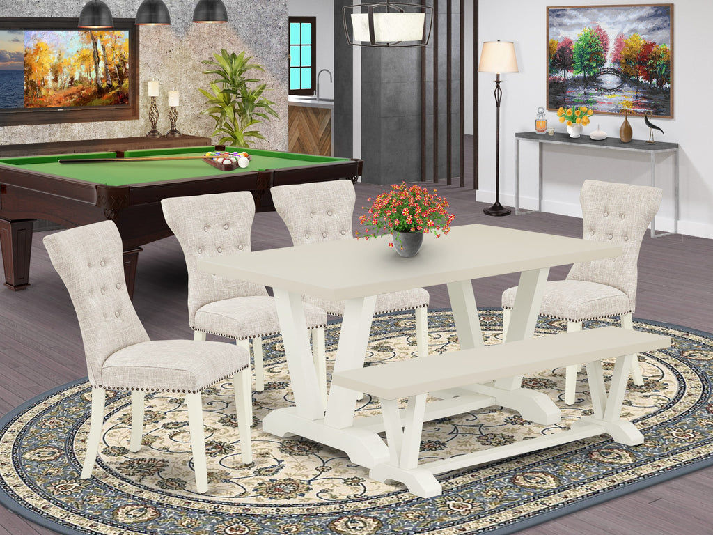East West Furniture V026GA235-6 6-Piece Kitchen Dinette Set-Doeskin Linen Fabric Seat and Button Tufted Chair Back Parson Dining room chairs, A Rectangular Bench and Rectangular Top Kitchen Table with Wooden Legs - Linen White and Linen White Finish