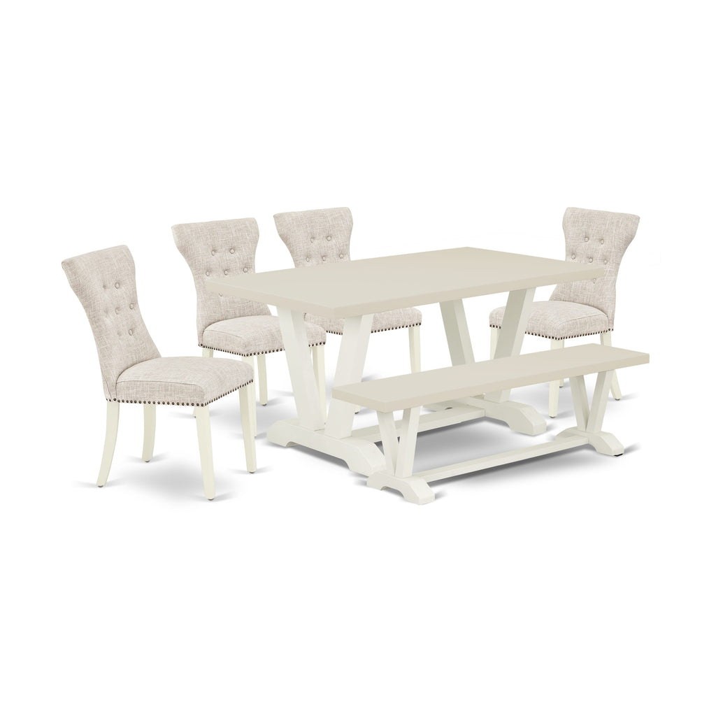East West Furniture V026GA235-6 6-Piece Kitchen Dinette Set-Doeskin Linen Fabric Seat and Button Tufted Chair Back Parson Dining room chairs, A Rectangular Bench and Rectangular Top Kitchen Table with Wooden Legs - Linen White and Linen White Finish