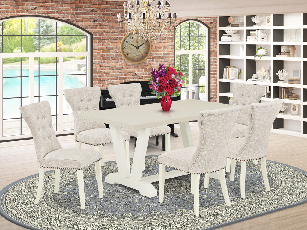 East West Furniture V026GA235-7 7 Piece Dinette Set Consist of a Rectangle Dining Room Table with V-Legs and 6 Doeskin Linen Fabric Parsons Dining Chairs, 36x60 Inch, Multi-Color