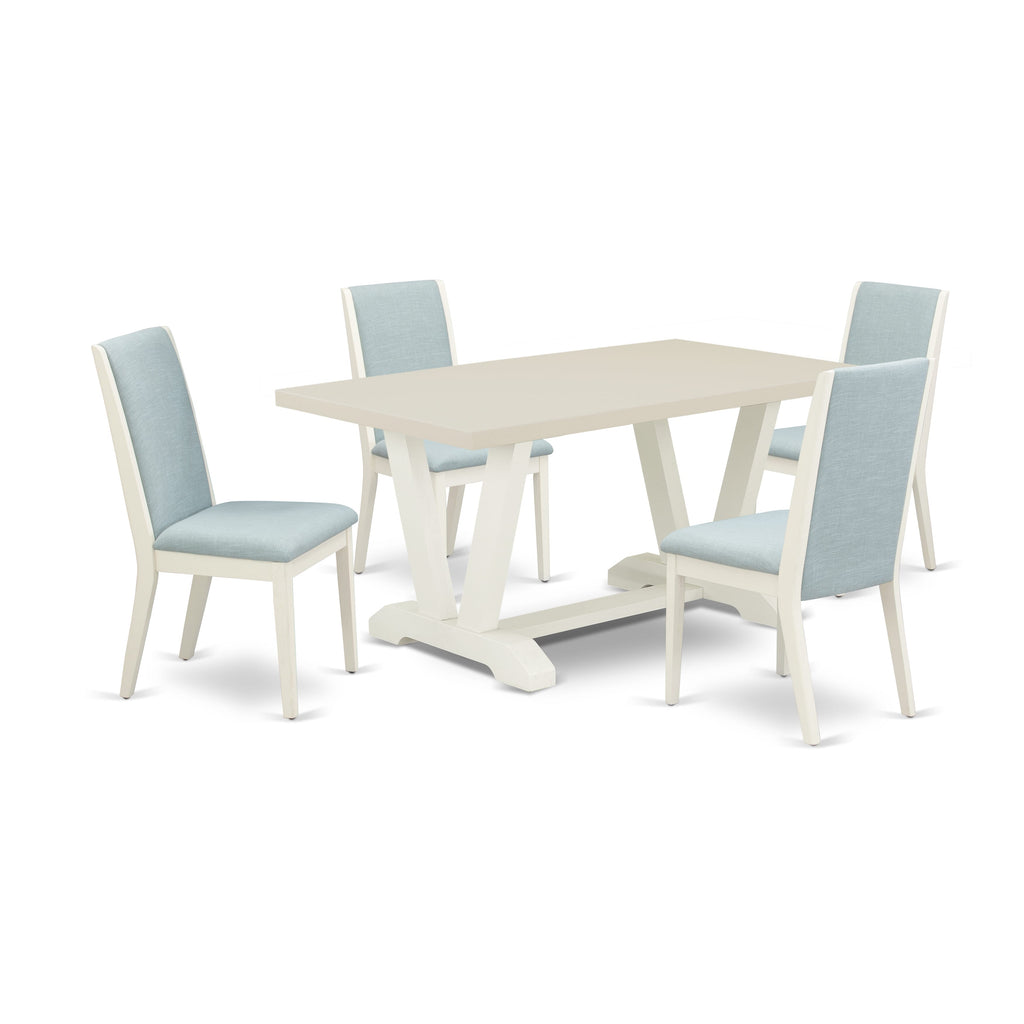 East West Furniture V026LA015-5 5Pc Kitchen Table Set Includes a Wood Table and 4 Parson Dining Chairs with Baby Blue Color Linen Fabric, Medium Size Table with Full Back Chairs, Wirebrushed Linen White Finish