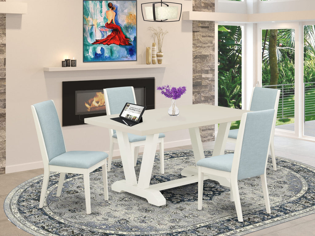 East West Furniture V026LA015-5 5Pc Kitchen Table Set Includes a Wood Table and 4 Parson Dining Chairs with Baby Blue Color Linen Fabric, Medium Size Table with Full Back Chairs, Wirebrushed Linen White Finish