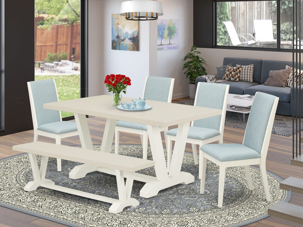 East West Furniture V026LA015-6 6Pc Kitchen Set Includes a Wood Dining Table, 4 Parson Chairs with Baby Blue Color Linen Fabric and a Bench, Medium Size Table with Full Back Chairs, Wirebrushed Linen White Finish