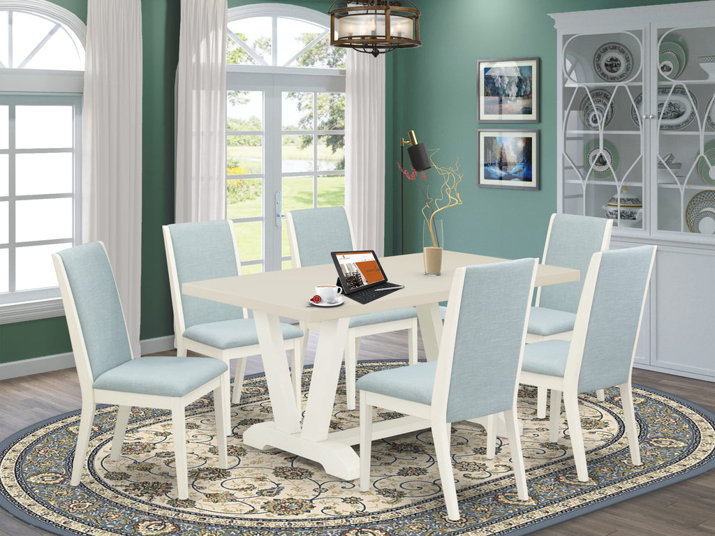 East West Furniture V026LA015-7 7Pc Wood Dining Table Set Contains a Wood Table and 6 Parsons Dining Room Chairs with Baby Blue Color Linen Fabric, Medium Size Table with Full Back Chairs, Wirebrushed Linen White Finish