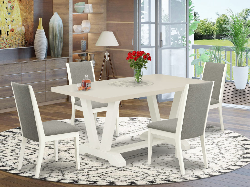 East West Furniture V026LA206-5 5-Piece Fashionable Dining Room Set a Superb Linen White dining table Top and 4 Lovely Linen Fabric Dining Chairs with Stylish Chair Back, Linen White Finish