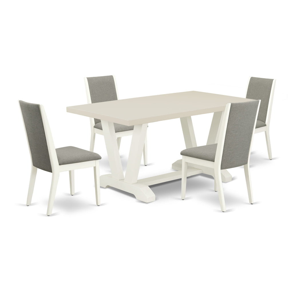 East West Furniture V026LA206-5 5-Piece Fashionable Dining Room Set a Superb Linen White dining table Top and 4 Lovely Linen Fabric Dining Chairs with Stylish Chair Back, Linen White Finish