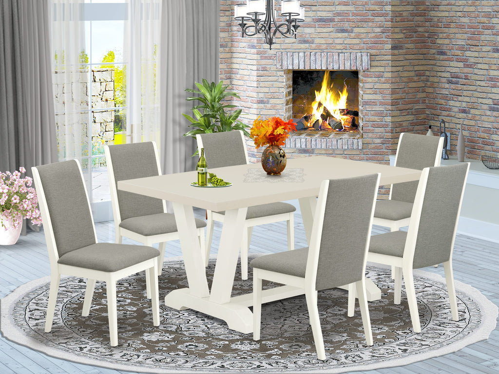 East West Furniture V026LA206-7 7-Piece Fashionable Dinette Set an Excellent Linen White Dining Room Table Top and 6 Excellent Linen Fabric Dining Room Chairs with Stylish Chair Back, Linen White Finish