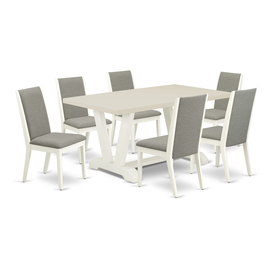 East West Furniture V026LA206-7 7-Piece Fashionable Dinette Set an Excellent Linen White Dining Room Table Top and 6 Excellent Linen Fabric Dining Room Chairs with Stylish Chair Back, Linen White Finish