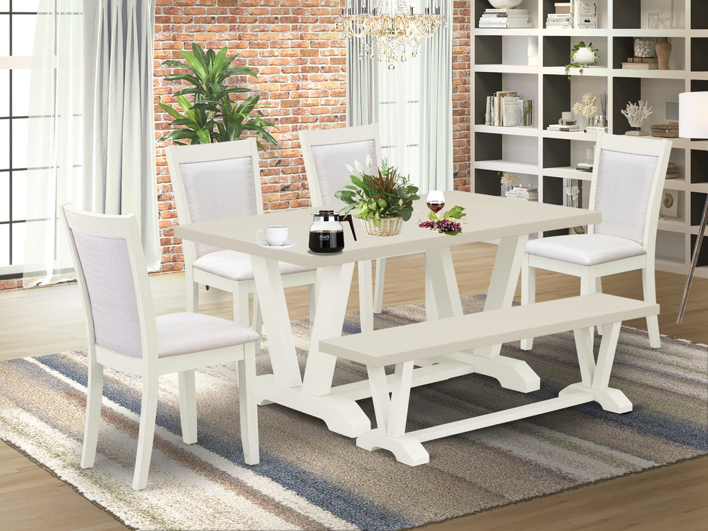 East West Furniture V026MZ001-6 6 Piece Dining Table Set Contains a Rectangle Table with V-Legs and 4 Cream Linen Fabric Upholstered Chairs with a Bench, 36x60 Inch, Multi-Color