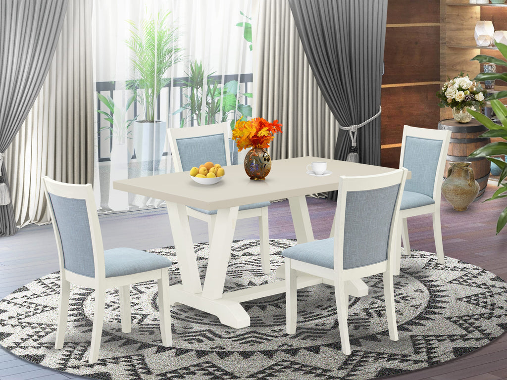 East West Furniture V026MZ015-5 5 Piece Kitchen Table & Chairs Set Includes a Rectangle Dining Room Table with V-Legs and 4 Baby Blue Linen Fabric Parson Chairs, 36x60 Inch, Multi-Color