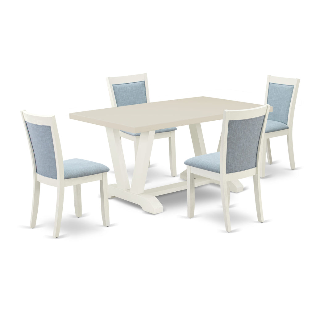 East West Furniture V026MZ015-5 5 Piece Kitchen Table & Chairs Set Includes a Rectangle Dining Room Table with V-Legs and 4 Baby Blue Linen Fabric Parson Chairs, 36x60 Inch, Multi-Color