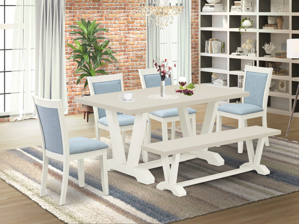 East West Furniture V026MZ015-6 6 Piece Dining Set Contains a Rectangle Dining Room Table with V-Legs and 4 Baby Blue Linen Fabric Parson Chairs with a Bench, 36x60 Inch, Multi-Color