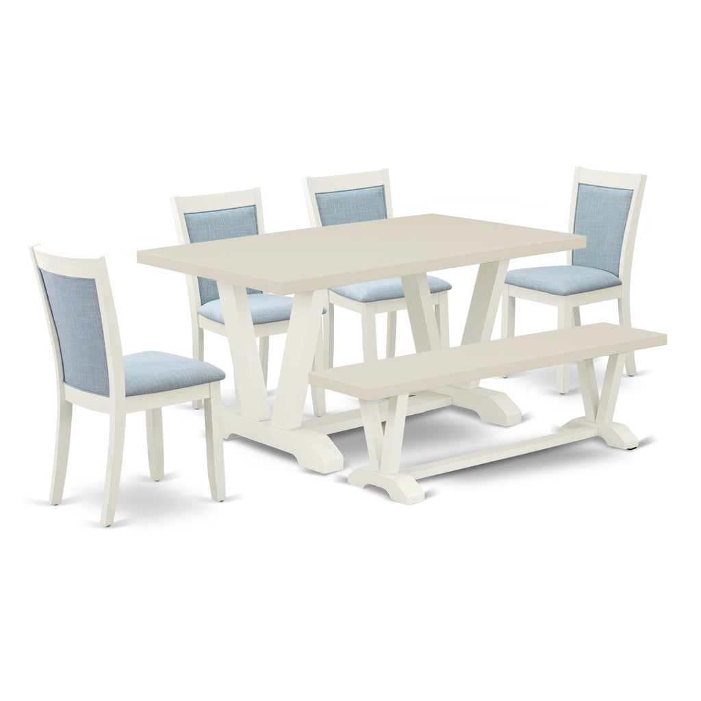 East West Furniture V026MZ015-6 6 Piece Dining Set Contains a Rectangle Dining Room Table with V-Legs and 4 Baby Blue Linen Fabric Parson Chairs with a Bench, 36x60 Inch, Multi-Color