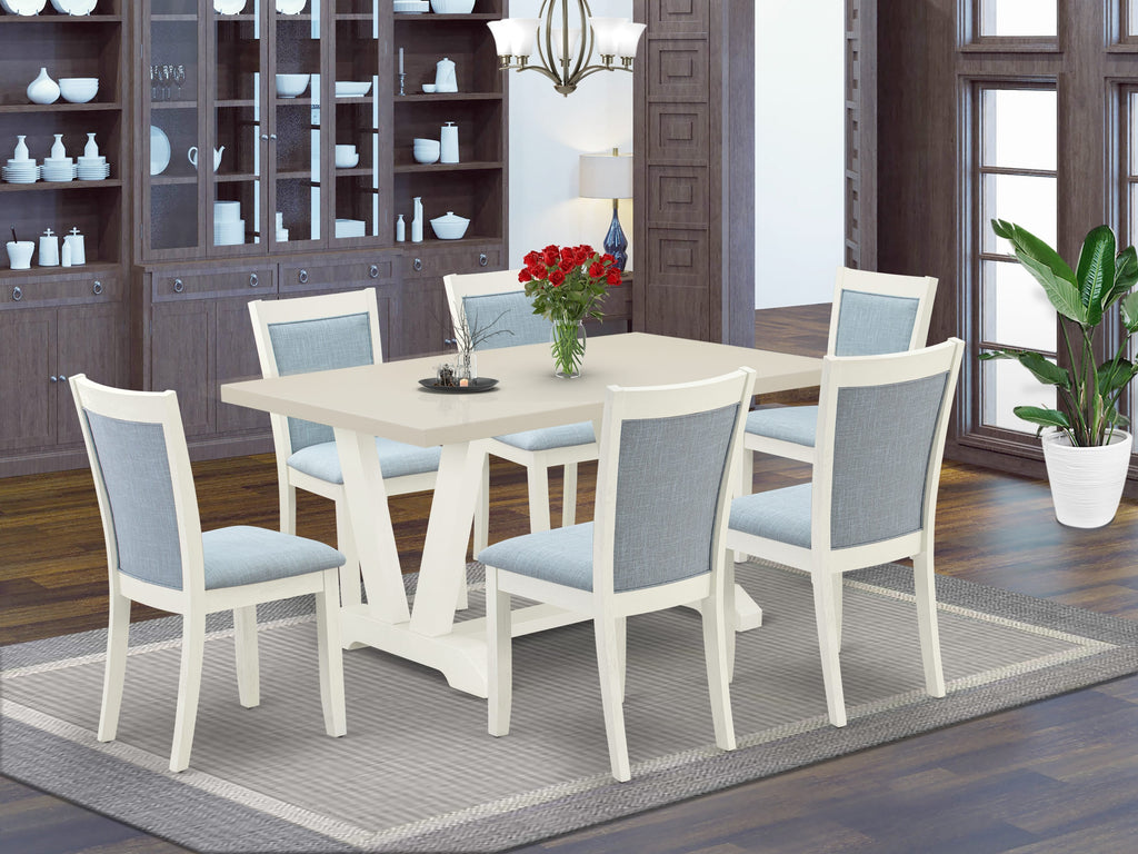 East West Furniture V026MZ015-7 7 Piece Modern Dining Table Set Consist of a Rectangle Wooden Table with V-Legs and 6 Baby Blue Linen Fabric Parson Dining Chairs, 36x60 Inch, Multi-Color