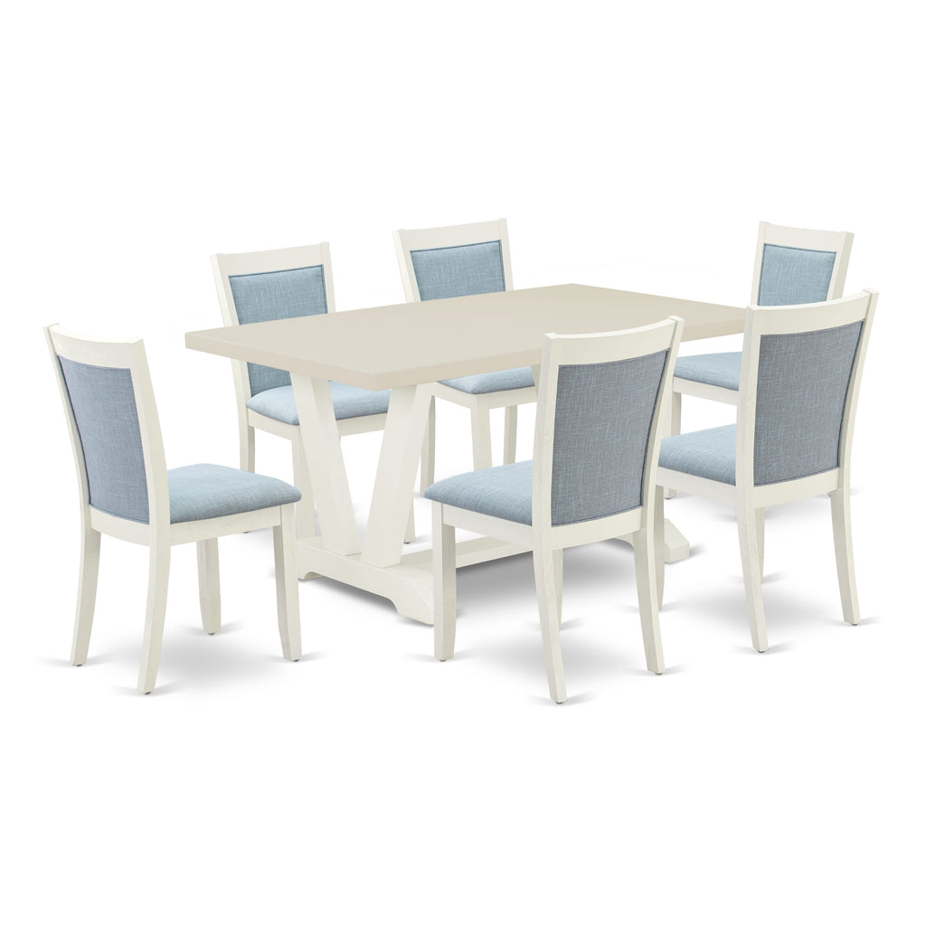 East West Furniture V026MZ015-7 7 Piece Modern Dining Table Set Consist of a Rectangle Wooden Table with V-Legs and 6 Baby Blue Linen Fabric Parson Dining Chairs, 36x60 Inch, Multi-Color