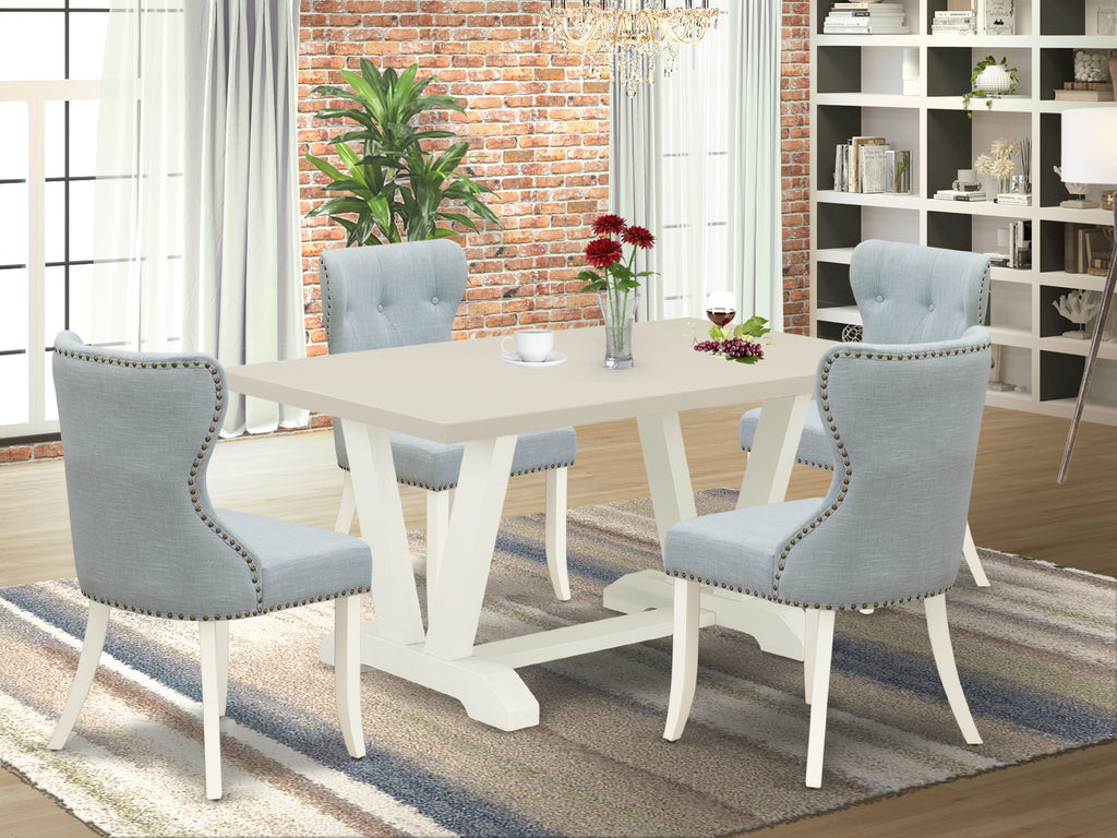 East West Furniture V026SI215-5 5-Piece Dining Room Table Set- 4 Parson Chairs with Baby Blue Linen Fabric Seat and Button Tufted Chair Back - Rectangular Table Top & Wooden Legs - Linen White Finish