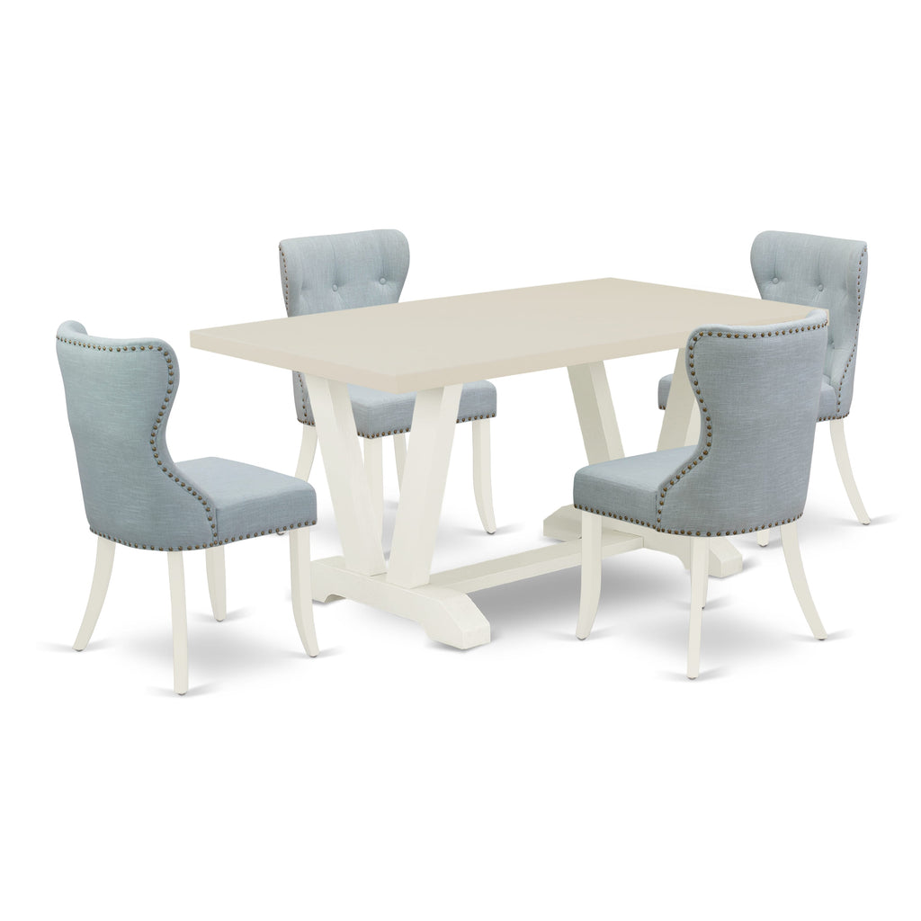East West Furniture V026SI215-5 5-Piece Dining Room Table Set- 4 Parson Chairs with Baby Blue Linen Fabric Seat and Button Tufted Chair Back - Rectangular Table Top & Wooden Legs - Linen White Finish