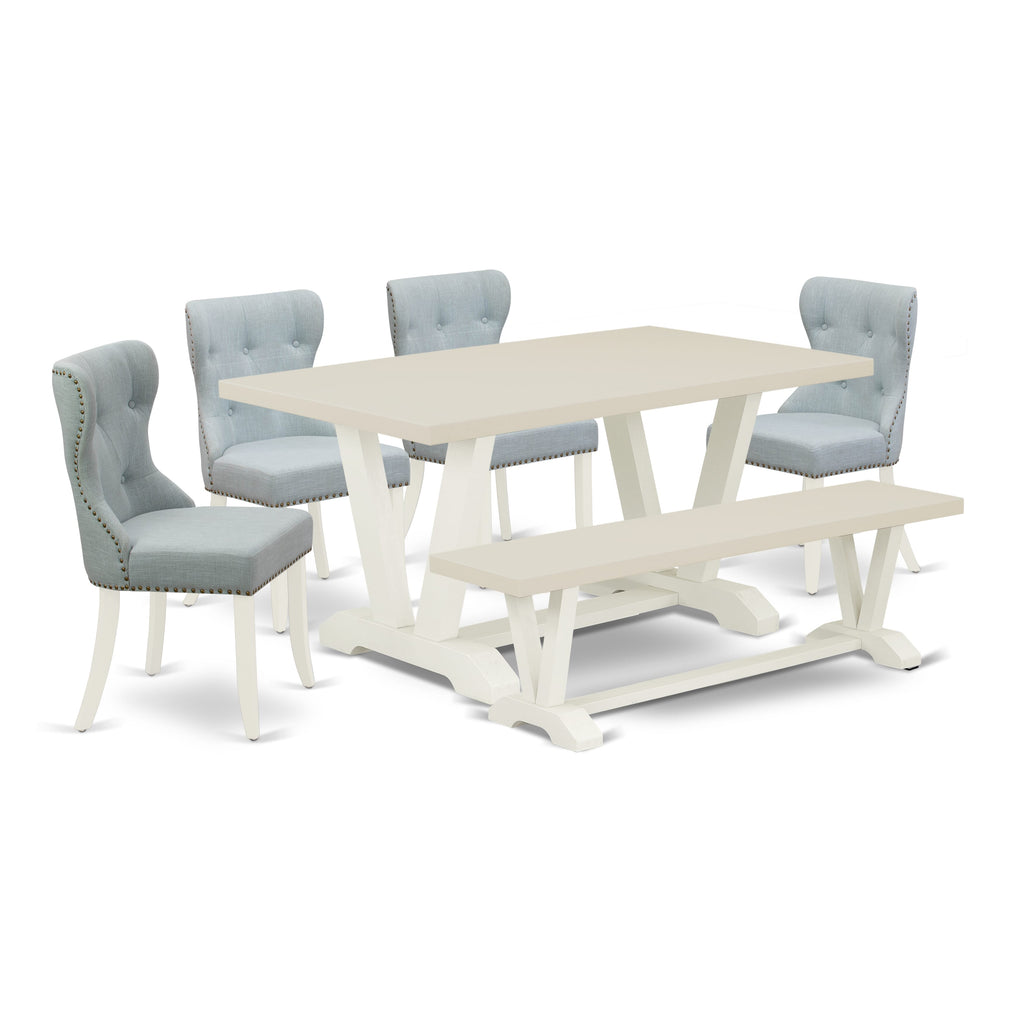 East West Furniture V026SI215-6 6-Piece Modern Dining Table Set- 4 Mid Century Dining Chairs with Baby Blue Linen Fabric Seat and Button Tufted Chair Back - Rectangular Top & Wooden Legs Kitchen Table and Dining Room Bench - Linen White Finish