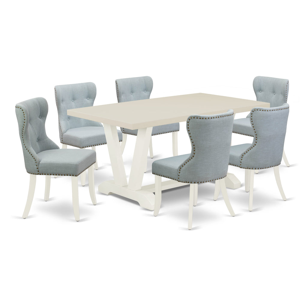 East West Furniture V026SI215-7 7-Pc Modern Dining Set- 6 Upholstered Dining Chairs with Baby Blue Linen Fabric Seat and Button Tufted Chair Back - Rectangular Table Top & Wooden Legs - Linen White Finish