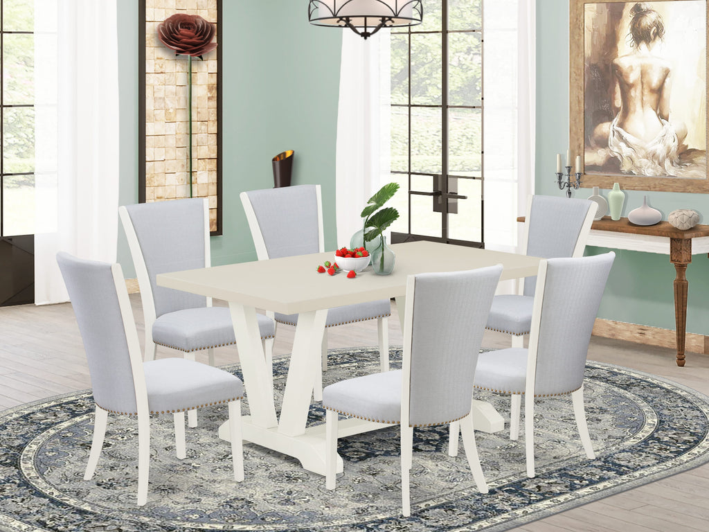 East West Furniture V026VE005-7 7-Pc Dining Table Set Consists of 6 Modern Chairs with Upholstered Seat and Stylish Back-Rectangular Kitchen Dining Table - Linen White and Wirebrushed Linen White Finish
