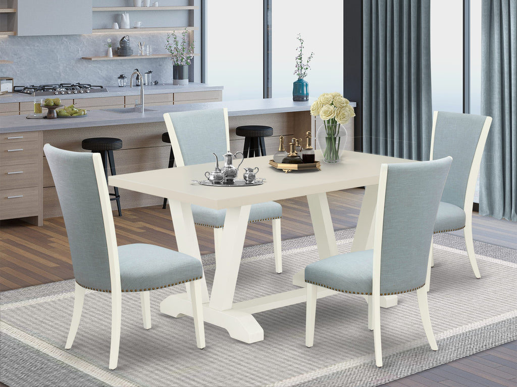 East West Furniture V026VE215-5 5 Piece Dining Room Table Set - 4 Baby Blue Linen Fabric Parson Chairs with Nailheads and Cement Wooden Dining Room Table - Linen White Finish