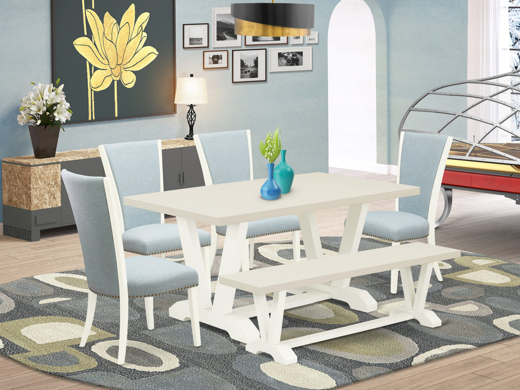 East West Furniture V026VE215-6 6 Piece Dining Set Contains a Rectangle Dining Room Table with V-Legs and 4 Baby Blue Linen Fabric Parson Chairs with a Bench, 36x60 Inch, Multi-Color