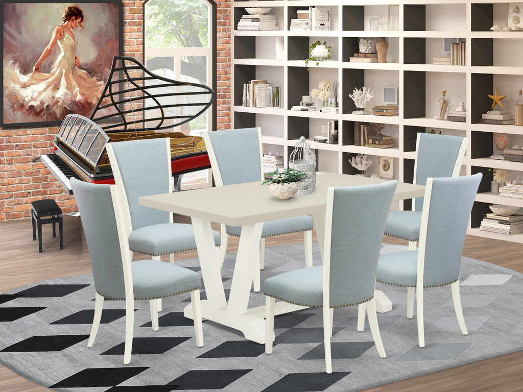 East West Furniture V026VE215-7 7 Piece Kitchen Table Set Consist of a Rectangle Dining Table with V-Legs and 6 Baby Blue Linen Fabric Parson Dining Room Chairs, 36x60 Inch, Multi-Color