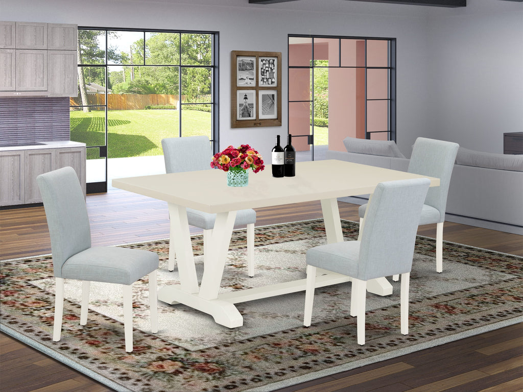 East West Furniture V027AB015-5 5 Piece Modern Dining Table Set Includes a Rectangle Wooden Table with V-Legs and 4 Baby Blue Linen Fabric Upholstered Chairs, 40x72 Inch, Multi-Color