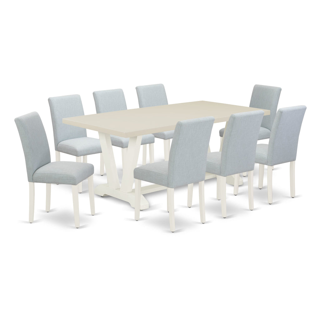East West Furniture V027AB015-9 9 Piece Dining Room Table Set Includes a Rectangle Dining Table with V-Legs and 8 Baby Blue Linen Fabric Upholstered Chairs, 40x72 Inch, Multi-Color