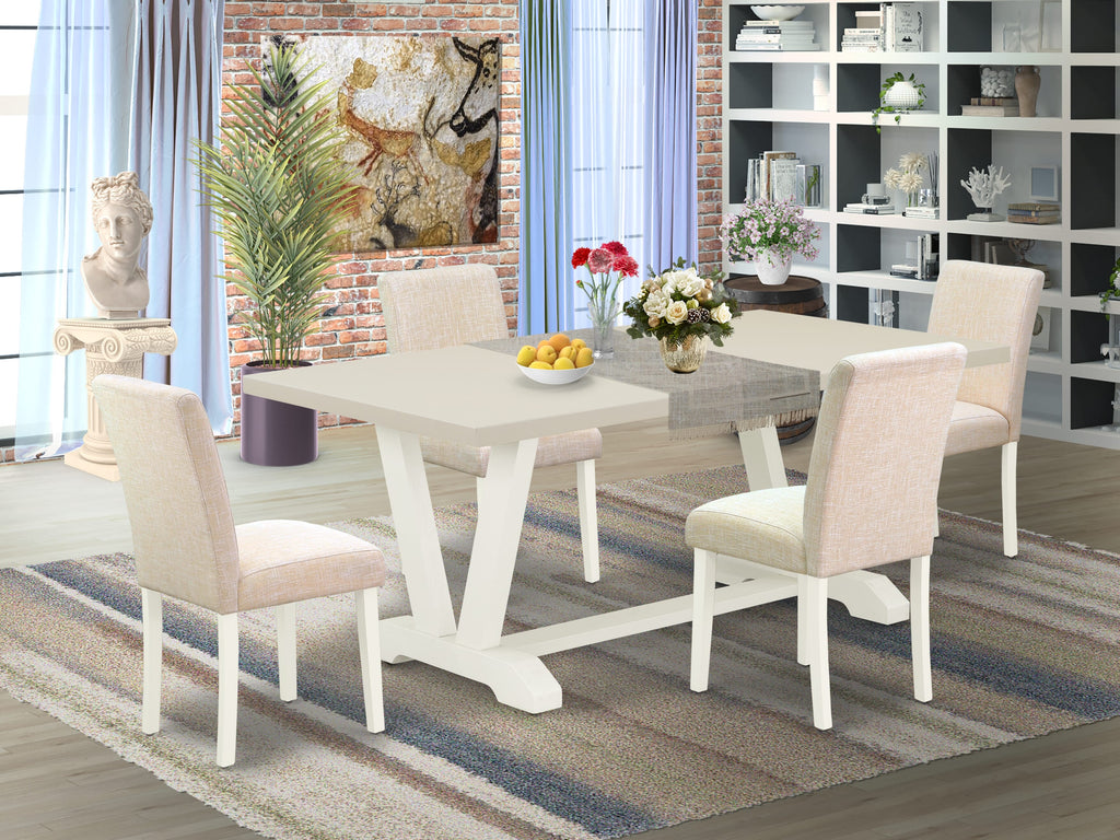 East West Furniture V027AB202-5 5 Piece Dining Table Set Includes a Rectangle Kitchen Table with V-Legs and 4 Light Beige Linen Fabric Parson Dining Room Chairs, 40x72 Inch, Multi-Color