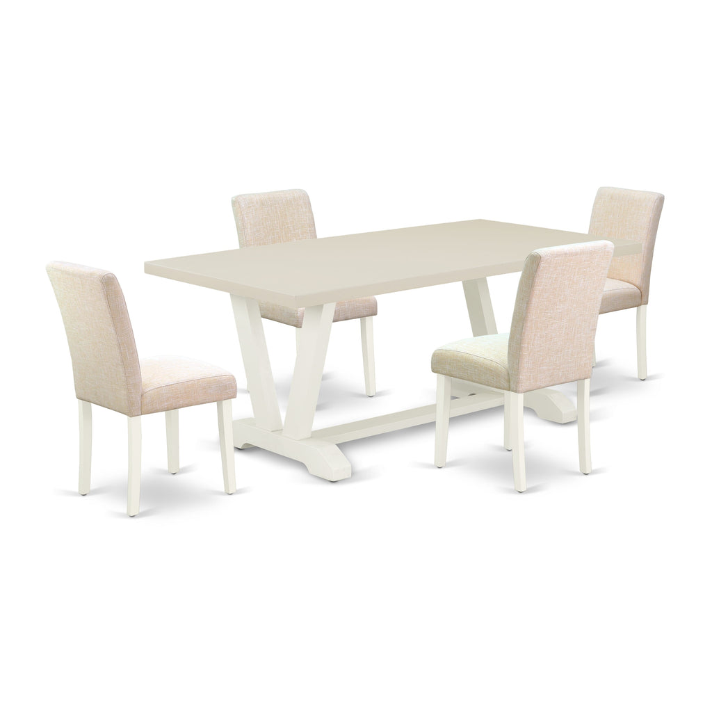 East West Furniture V027AB202-5 5 Piece Dining Table Set Includes a Rectangle Kitchen Table with V-Legs and 4 Light Beige Linen Fabric Parson Dining Room Chairs, 40x72 Inch, Multi-Color
