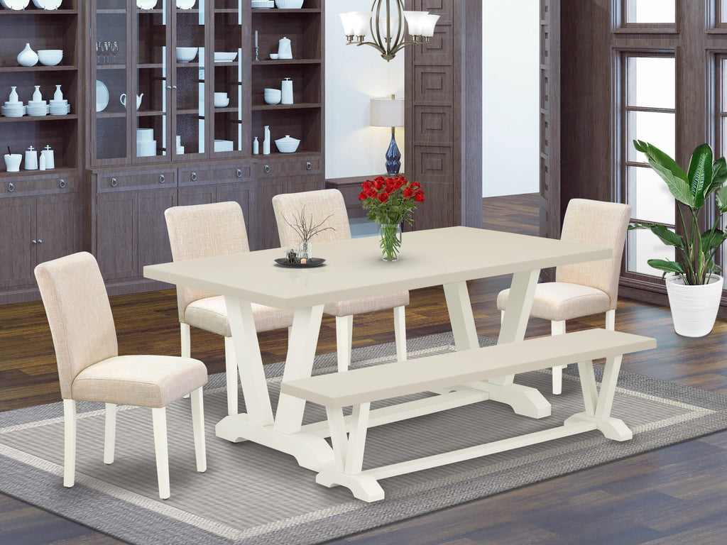 East West Furniture V027AB202-6 6 Piece Dining Table Set Contains a Rectangle Wooden Table with V-Legs and 4 Light Beige Linen Fabric Parson Chairs with a Bench, 40x72 Inch, Multi-Color