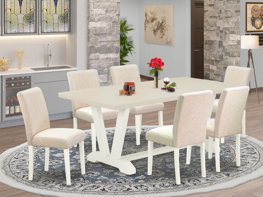 East West Furniture V027AB202-7 7 Piece Dining Table Set Consist of a Rectangle Dining Room Table with V-Legs and 6 Light Beige Linen Fabric Upholstered Chairs, 40x72 Inch, Multi-Color