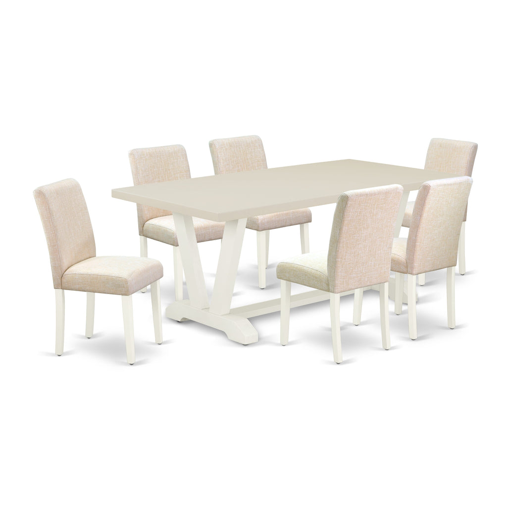 East West Furniture V027AB202-7 7 Piece Dining Table Set Consist of a Rectangle Dining Room Table with V-Legs and 6 Light Beige Linen Fabric Upholstered Chairs, 40x72 Inch, Multi-Color