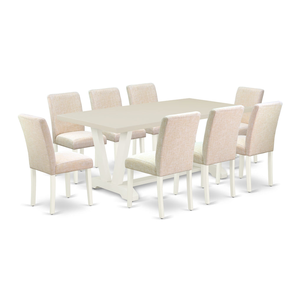 East West Furniture V027AB202-9 9 Piece Dining Room Set Includes a Rectangle Dining Table with V-Legs and 8 Light Beige Linen Fabric Upholstered Chairs, 40x72 Inch, Multi-Color
