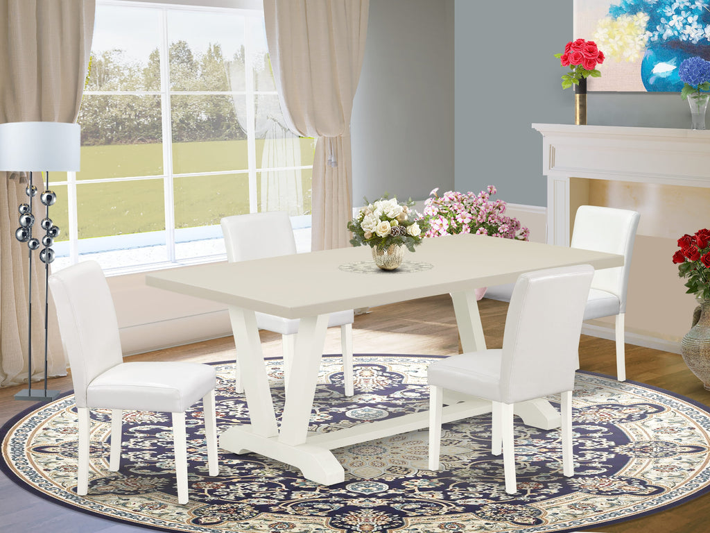 East West Furniture V027AB264-5 5 Piece Dinette Set Includes a Rectangle Dining Room Table with V-Legs and 4 White Faux Leather Upholstered Parson Chairs, 40x72 Inch, Multi-Color