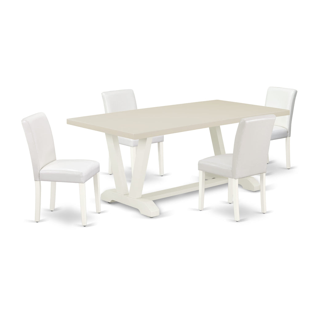 East West Furniture V027AB264-5 5 Piece Dinette Set Includes a Rectangle Dining Room Table with V-Legs and 4 White Faux Leather Upholstered Parson Chairs, 40x72 Inch, Multi-Color