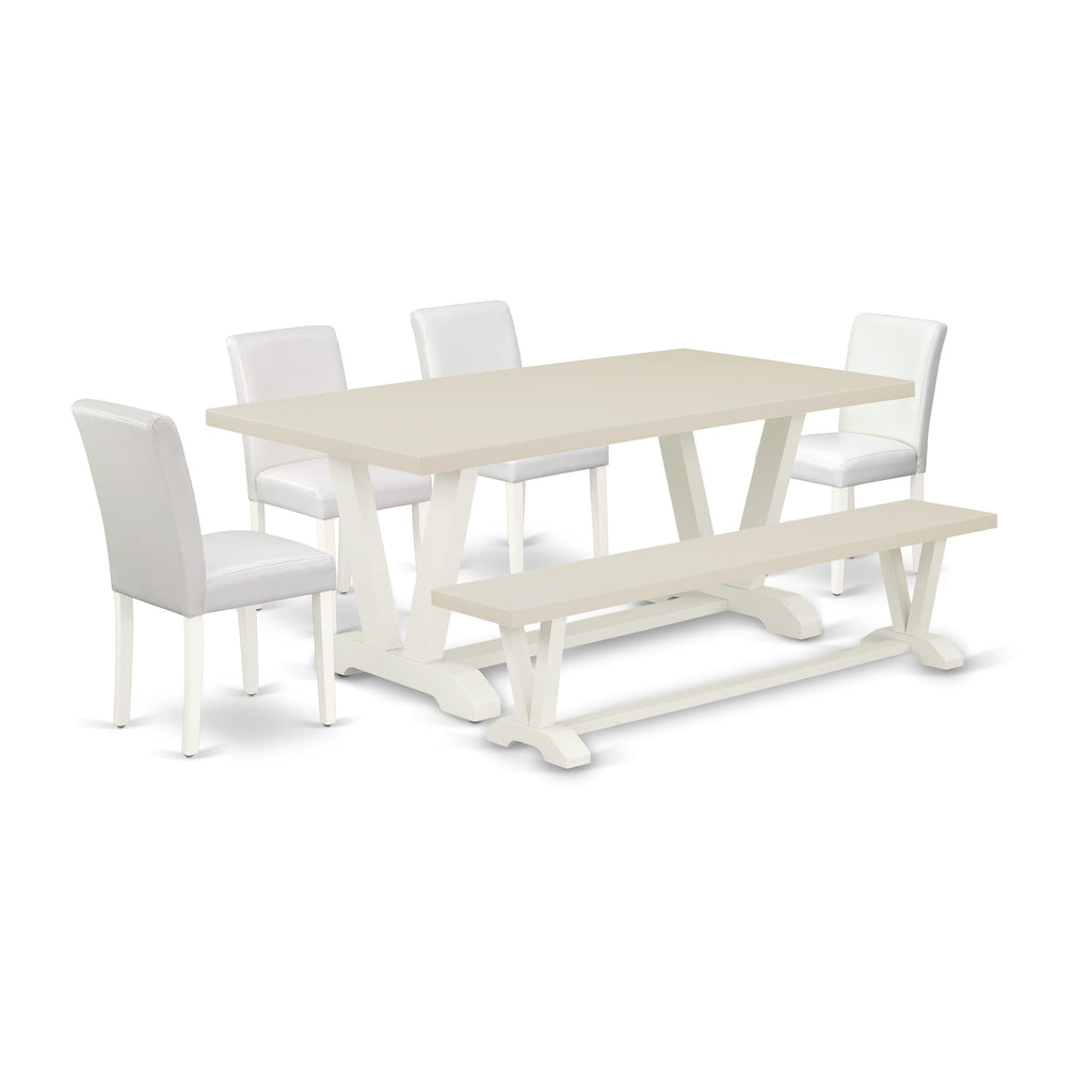 East West Furniture V027AB264-6 6 Piece Dining Set Contains a Rectangle Dining Room Table with V-Legs and 4 White Faux Leather Parson Chairs with a Bench, 40x72 Inch, Multi-Color