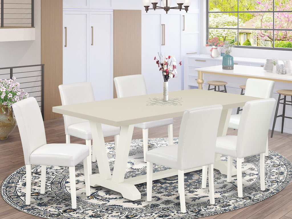 East West Furniture V027AB264-7 7 Piece Dining Room Furniture Set Consist of a Rectangle Dining Table with V-Legs and 6 White Faux Leather Upholstered Chairs, 40x72 Inch, Multi-Color