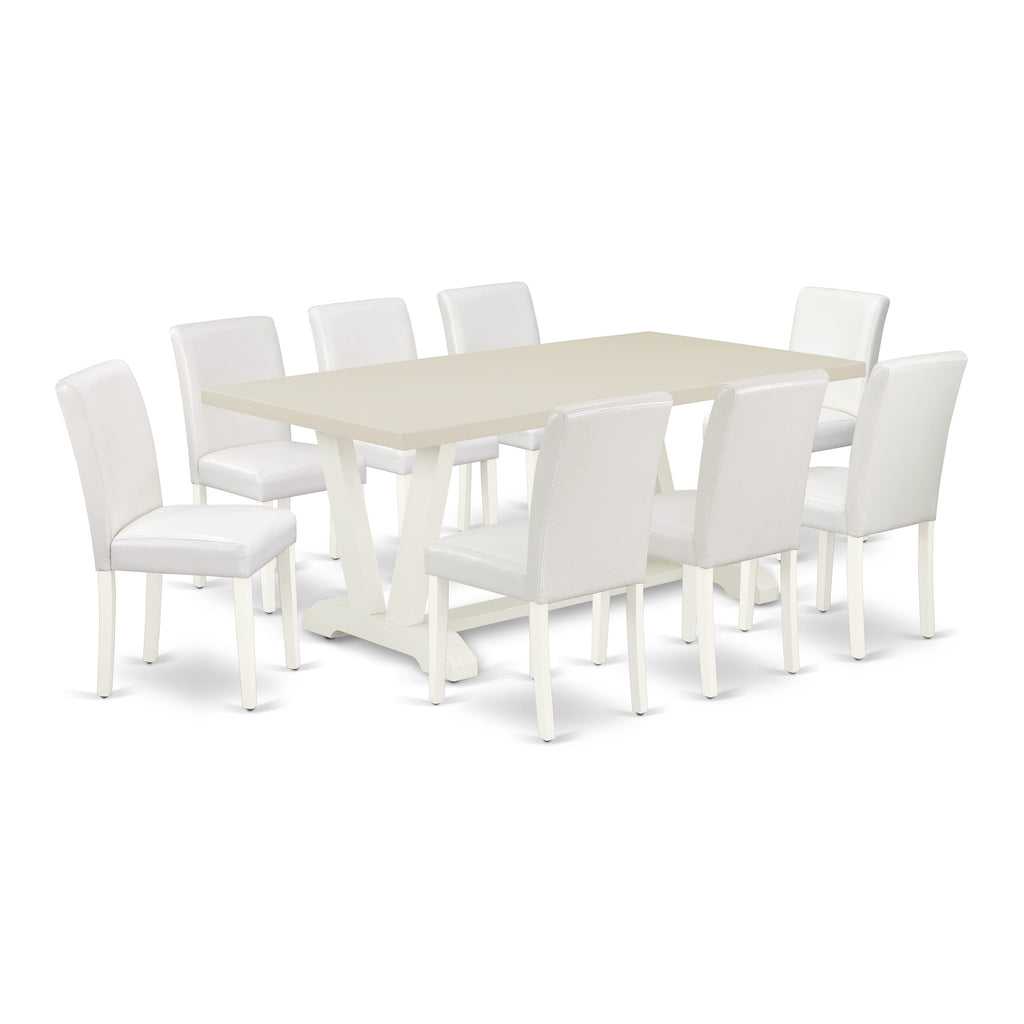 East West Furniture V027AB264-9 9 Piece Modern Dining Table Set Includes a Rectangle Wooden Table with V-Legs and 8 White Faux Leather Parson Dining Chairs, 40x72 Inch, Multi-Color